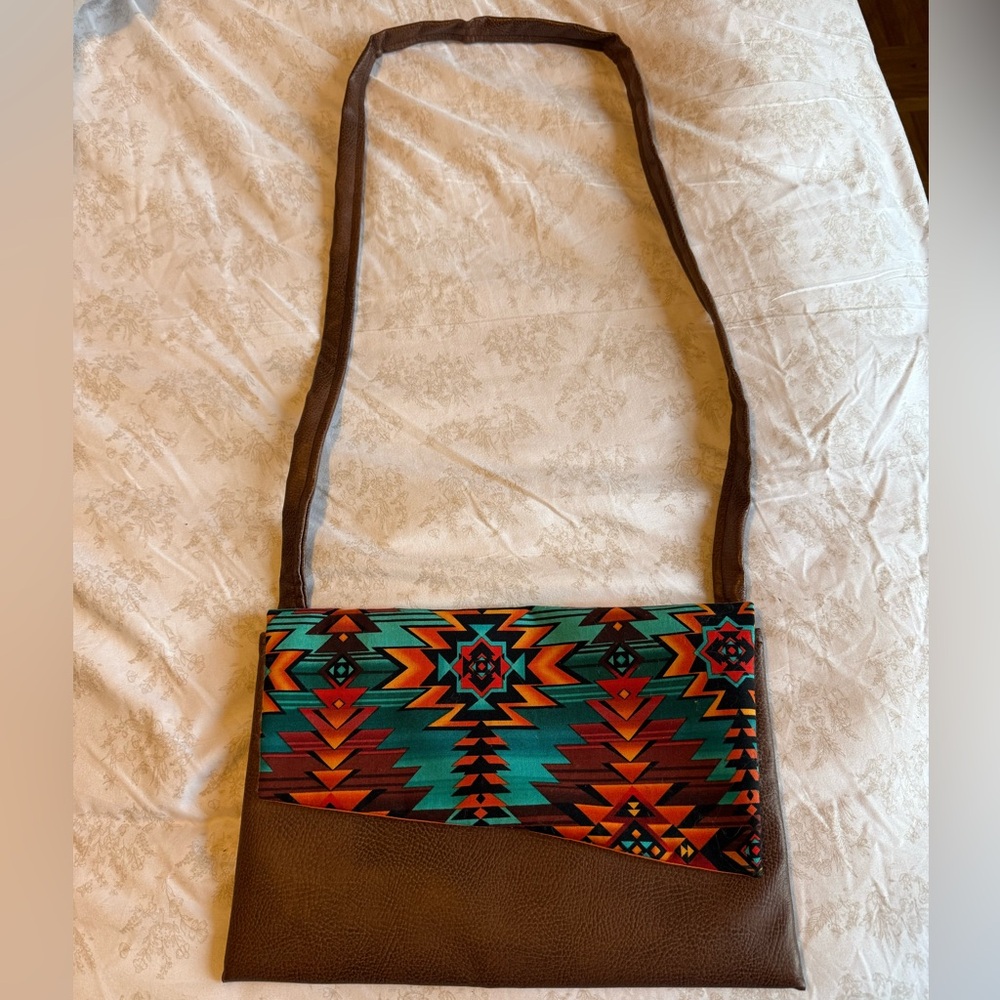 Aztec Patterned Crossbody Bag with Brown Leather
